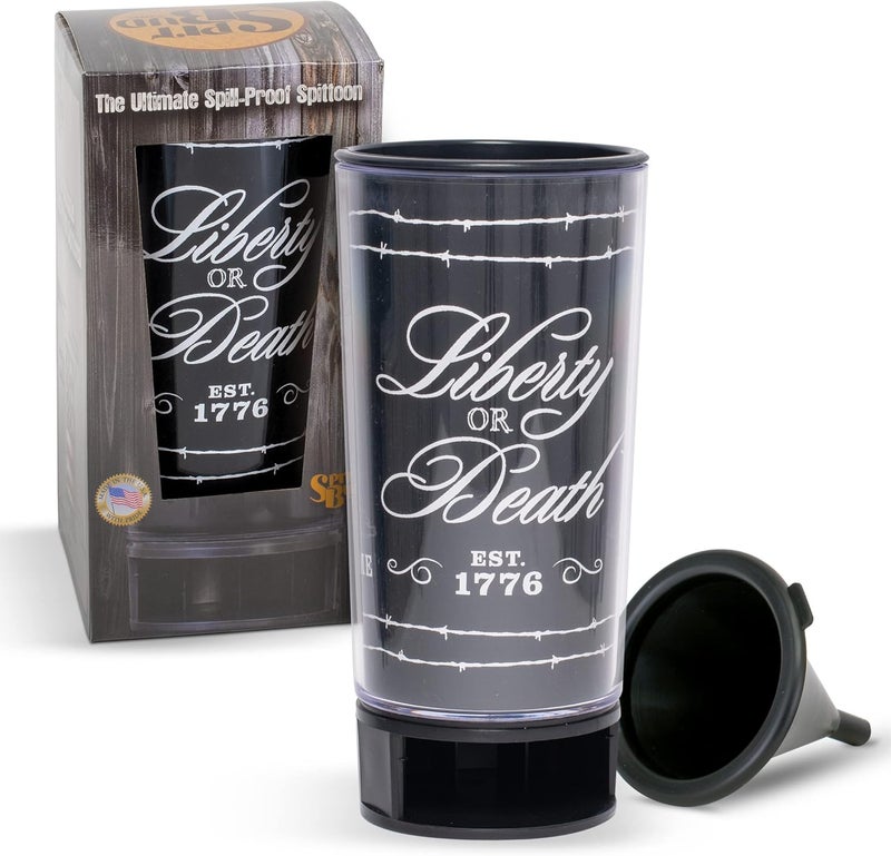Spit Bud Liberty or Death #1 The Ultimate Spittoon for Chew - Portable Dip & Snuff Cup with Lid, Pop Tab, Spill-Proof Funnel, Can Cutter & Holder - Fit in Cup Holders - Holds 8oz - Made in USA - Image 1